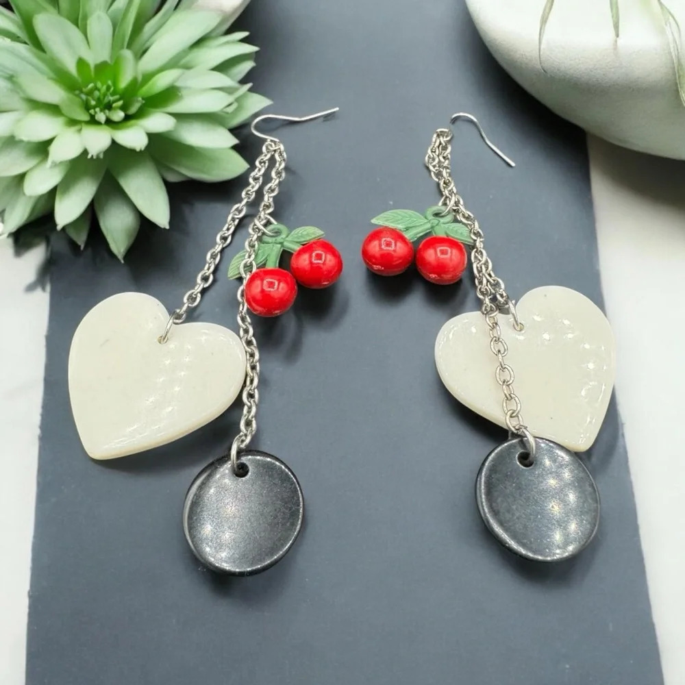 Red Cherry Heart Dangly Earrings 90s Style
